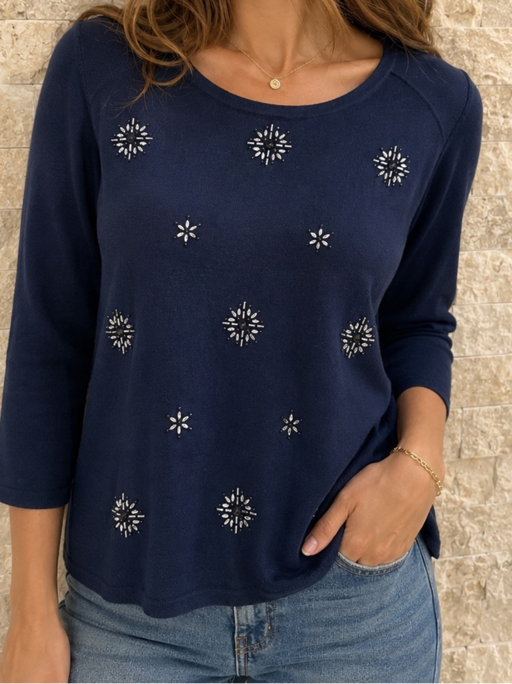 Navy Embellished Long-Sleeve Women's Top size M